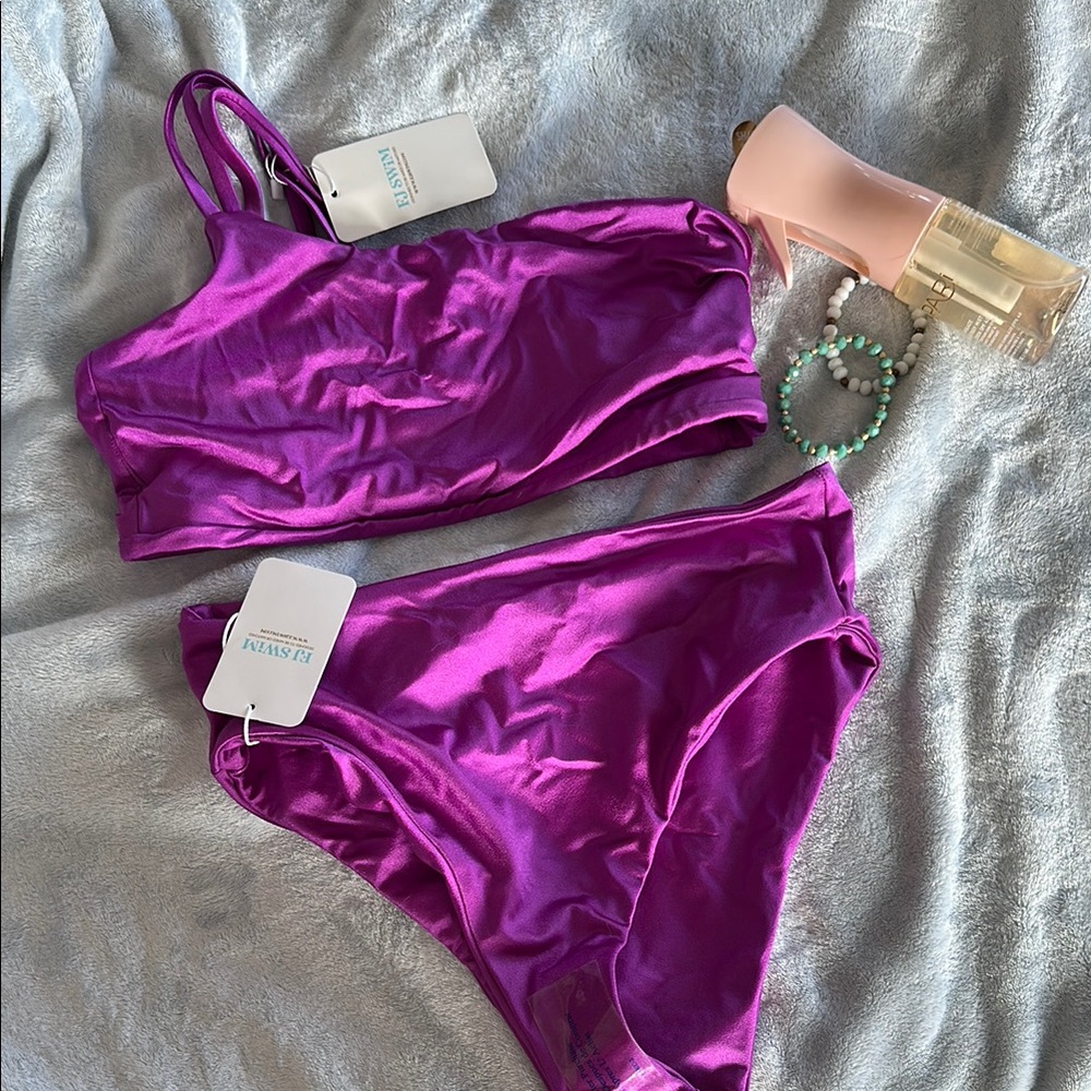 Metallic Purple Bikini Set- high waisted, one shoulder bandeau